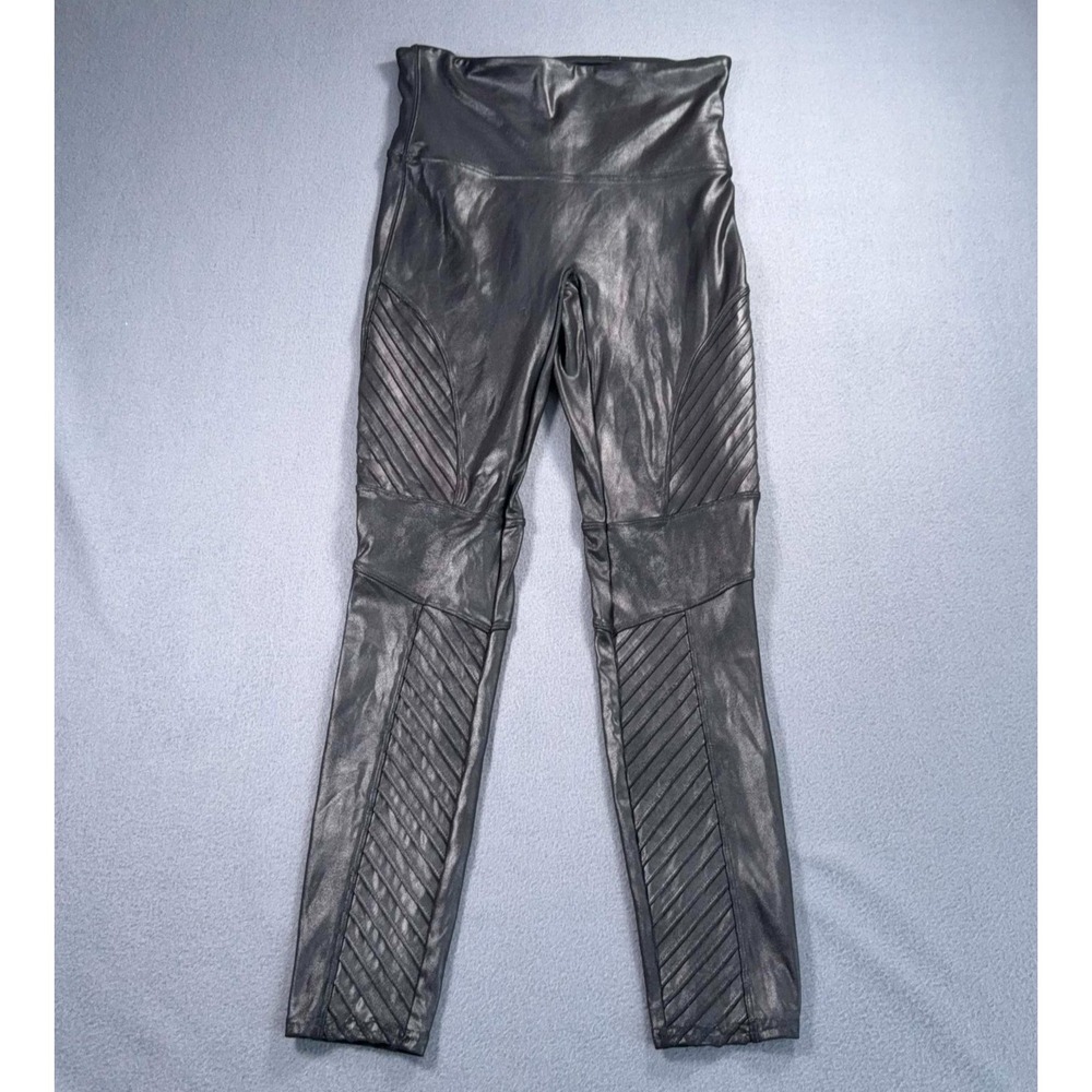 SPANX‎ Faux Leather Moto Leggings Womens L Black High Rise 28x27.5 Ribbed